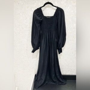 La Ligne Black Midi Dress with Smocked Bodice